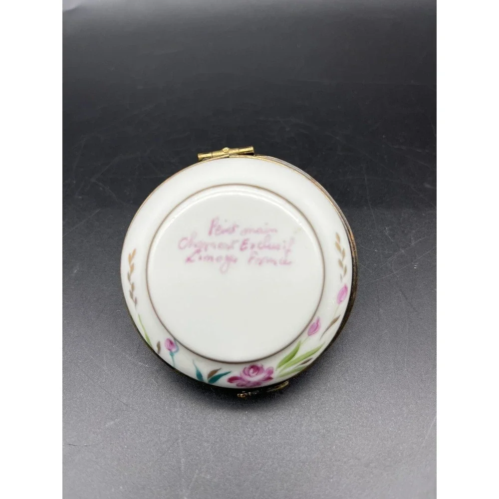 Vintage LIMOGES France Peint a la Main SUN Hat TRINKET BOX Floral Signed